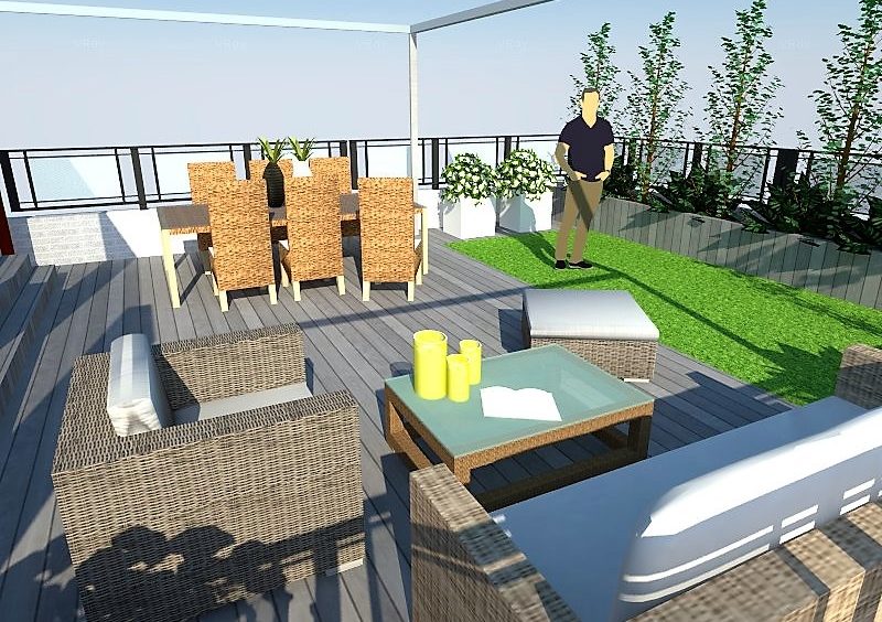 Diseño terraza con tarima tecnológica césped artificial y jardineras